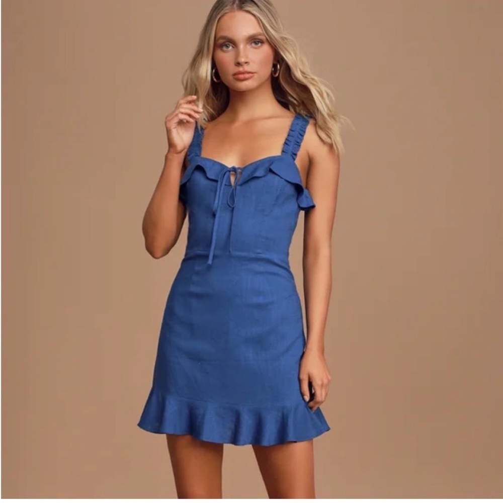 Lulus Blue Sleeveless Dress with Ruffled Straps